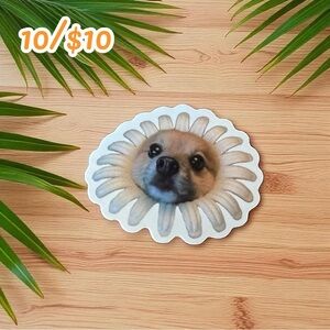 Daisy Dog Face Funny Meme Sticker 🌼 – Approx. 2 3/4”